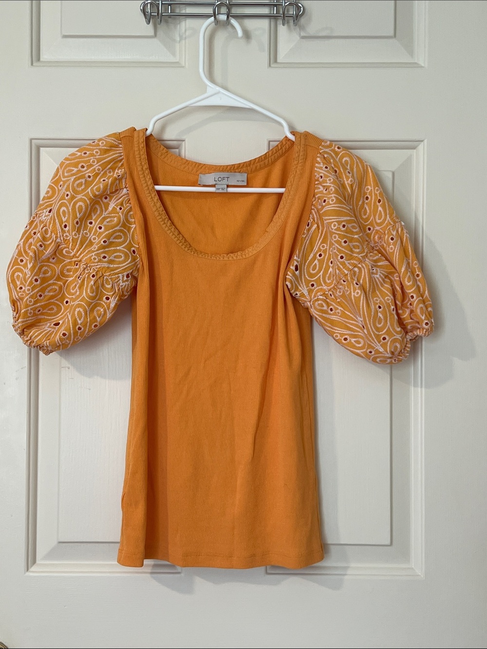 LOFT Orange Puff-Sleeve Embroidered Tank